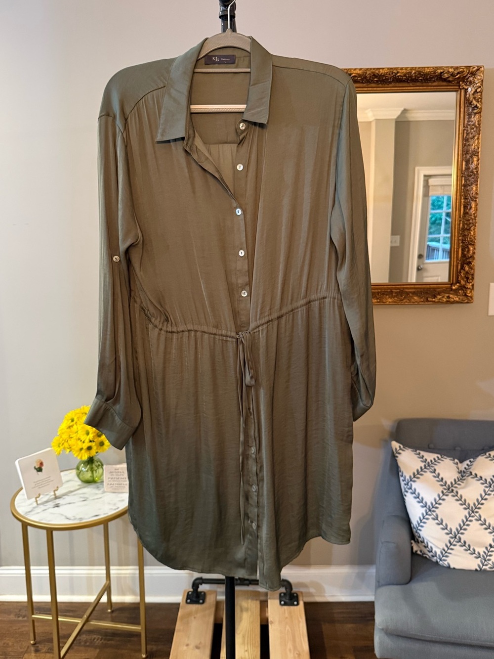 KLd Lightweight Olive Green Button-Front Mini Dress